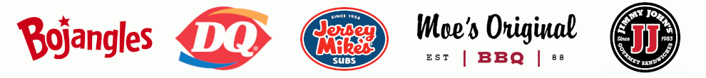 Logos of Bojangles, Dairy Queen, Jersey Mike's Subs, Moe's Original BBQ, and Jimmy John's Gourmet Sandwiches